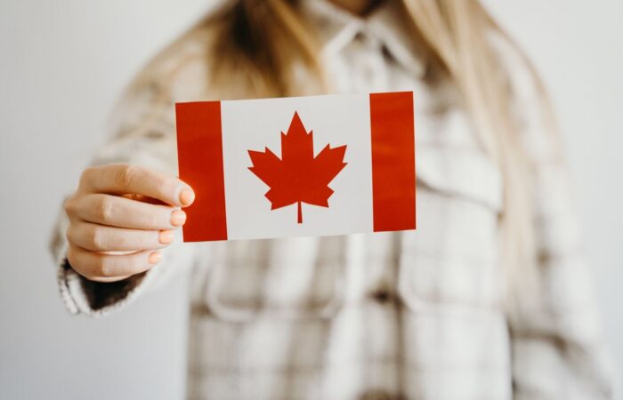 Hand holding a small Canadian flag, symbolizing patriotism and national pride, Toronto location.